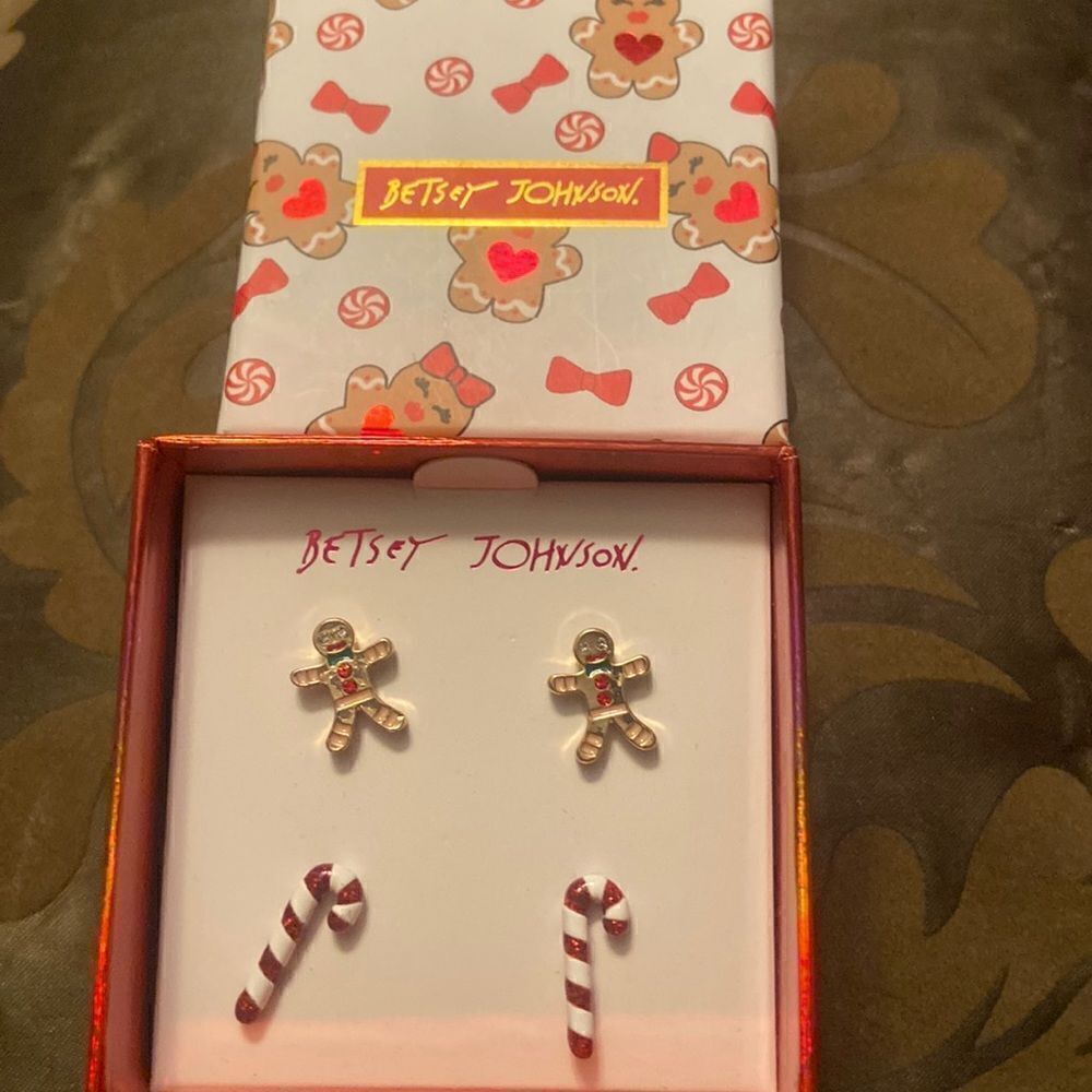 Betsey Johnson Set of Holiday Christmas Earrings Gingerbread Man Candy Cane New
